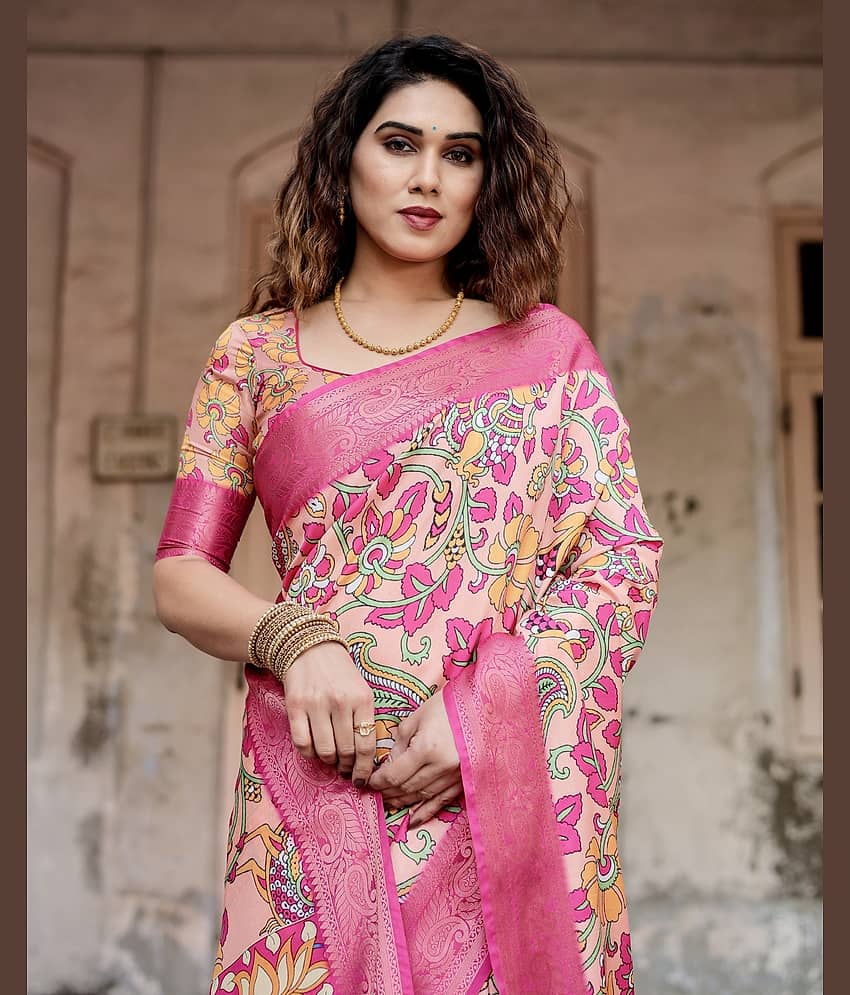 Almaari Fashion Cotton Silk Printed Saree With Unstitched Blouse Piece ( Pink )