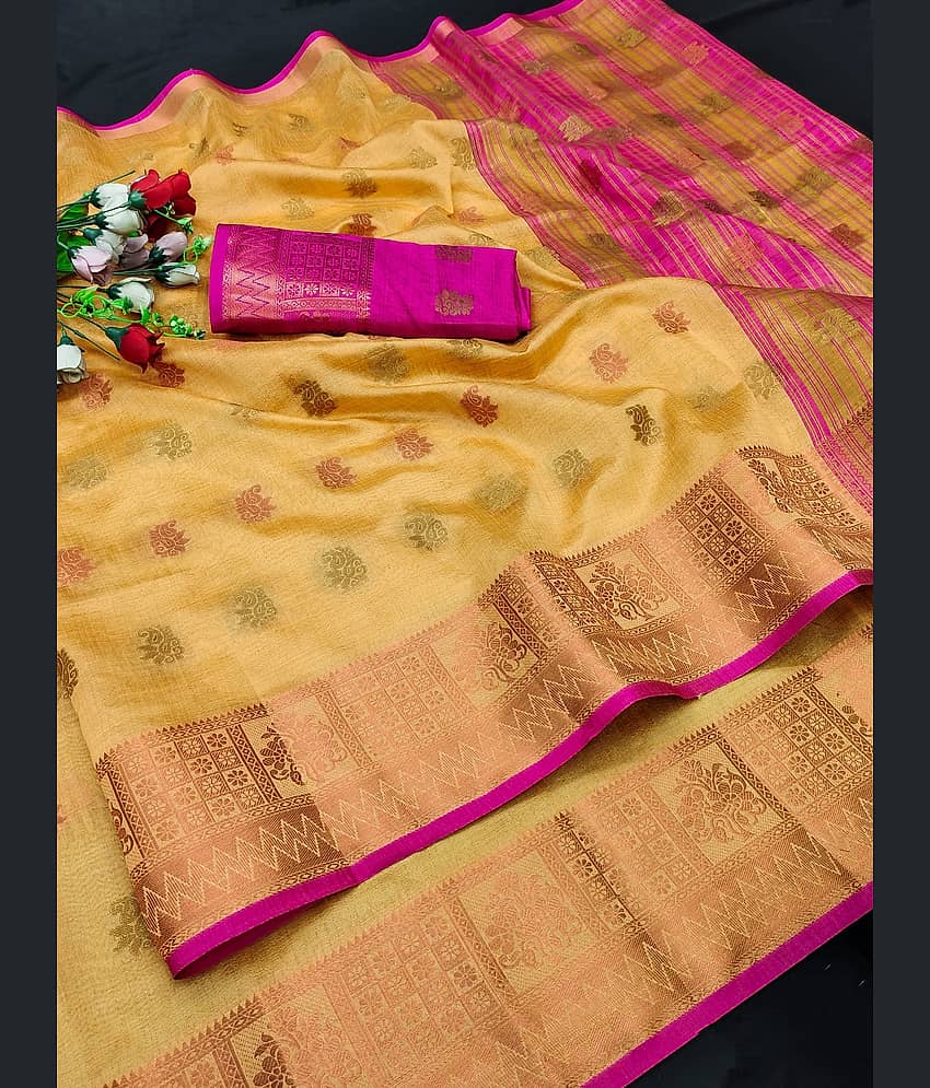 IndShopMart Asaam Silk Woven Saree With Unstitched Blouse Piece ( Yellow )