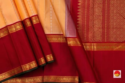 Peach Kanchipuram Silk Saree With Red Korvai Rettai Pettu Border And Zari Stripes Handwoven Pure Silk Pure Zari For Wedding Wear PV J 998
