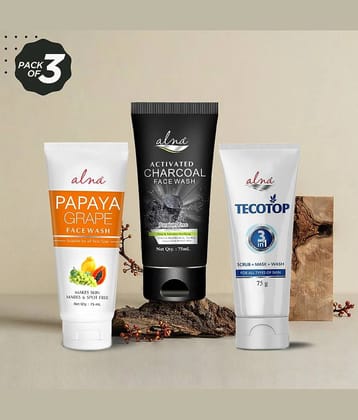 Alna Papaya Grape Face Wash with Charcoal Face Wash & Tecotop 3in1 75ml Each , Pack of 3