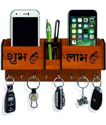 Big Boss Enterprises Shubh Labh Ganpati  with 2 Pocket Mobile Holder, Pen Stand Wood Key Holder Stand (8 Hooks, Brown)