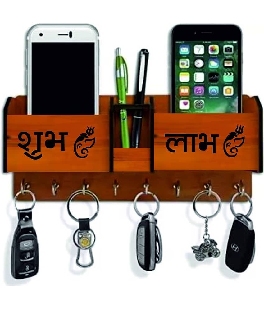 Big Boss Enterprises Shubh Labh Ganpati  with 2 Pocket Mobile Holder, Pen Stand Wood Key Holder Stand (8 Hooks, Brown)