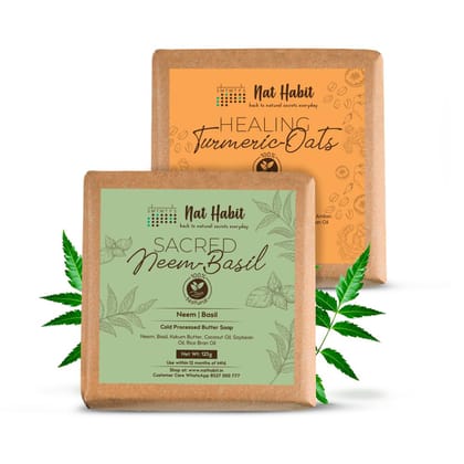 Nat Habit Neem & Turmeric Oats Bath Soap Combo | Cold-Processed Ayurvedic Soaps with Neem & Haldi | Antibacterial, Anti-Inflammatory, Body Acne & Tan Removal | Scar Reduction & Deep Cleansing | 125g Each Nat Habit Neem & Turmeric Oats Bath Soap Combo | C