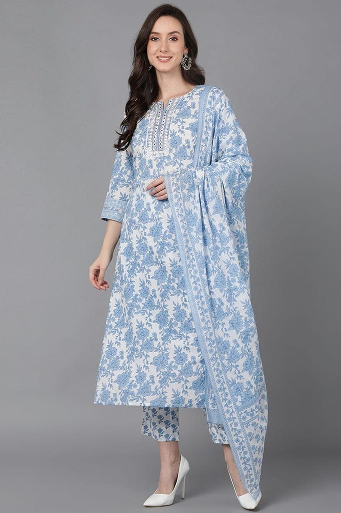 White Cotton Straight Kurta Pant With Dupatta VKSKD1629 - Kurtas & Kurta Sets | Buy online on ZillyBuy
