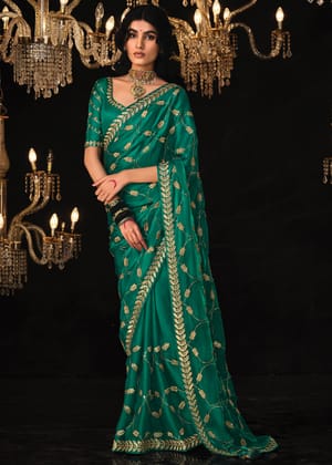 Cadmium Green Heavy Embroidered Designer Silk Saree With contrast Blouse