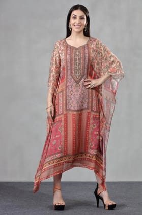 POSH PEACH HAND EMBROIDERED LONG KAFTAN-PEACH / L