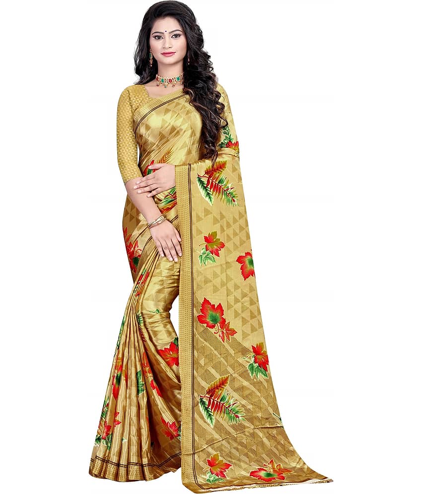 LEELAVATI Crepe Printed Saree With Unstitched Blouse Piece ( Beige )