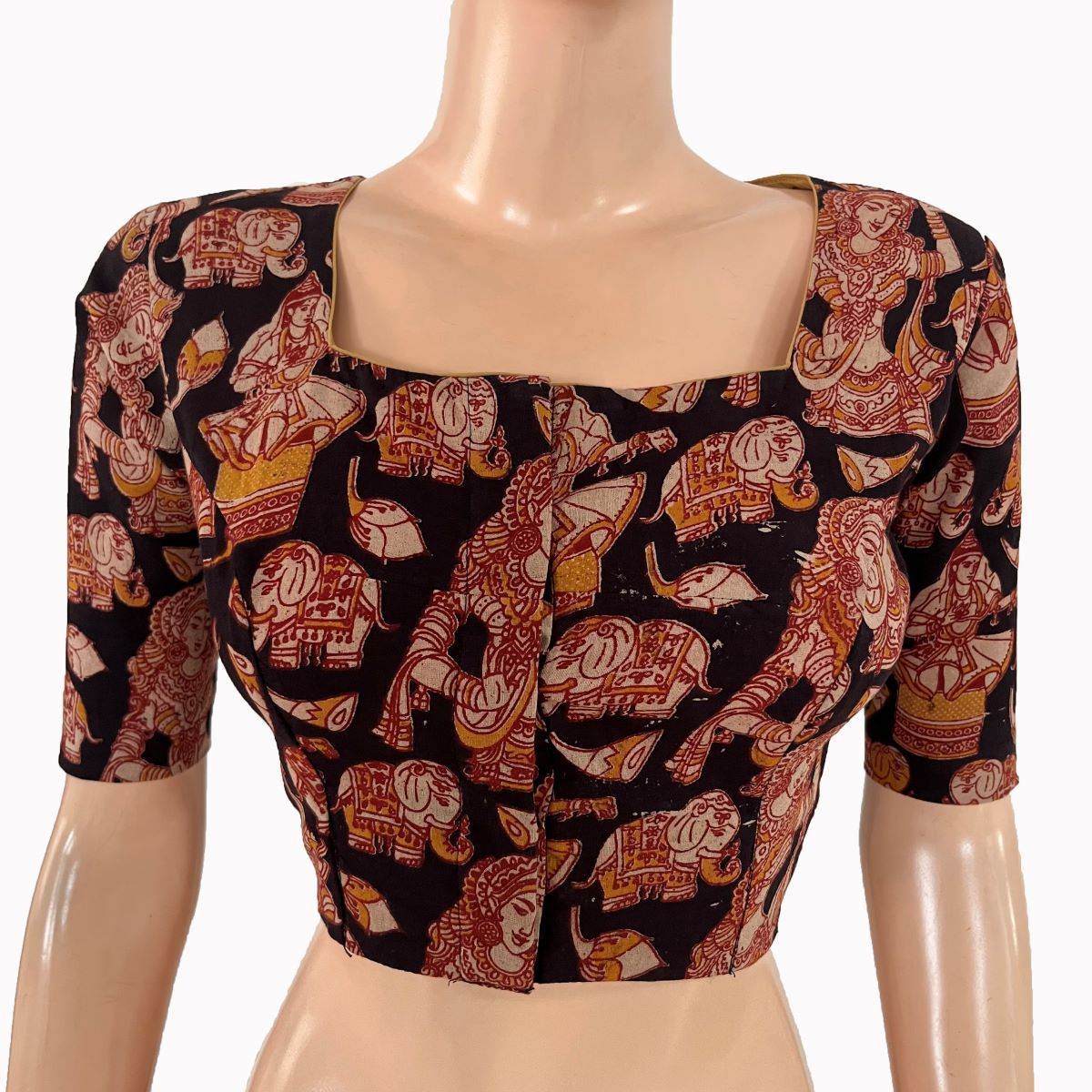 Kalamkari Cotton Square Neck Blouse ,Black, BK1319.-S