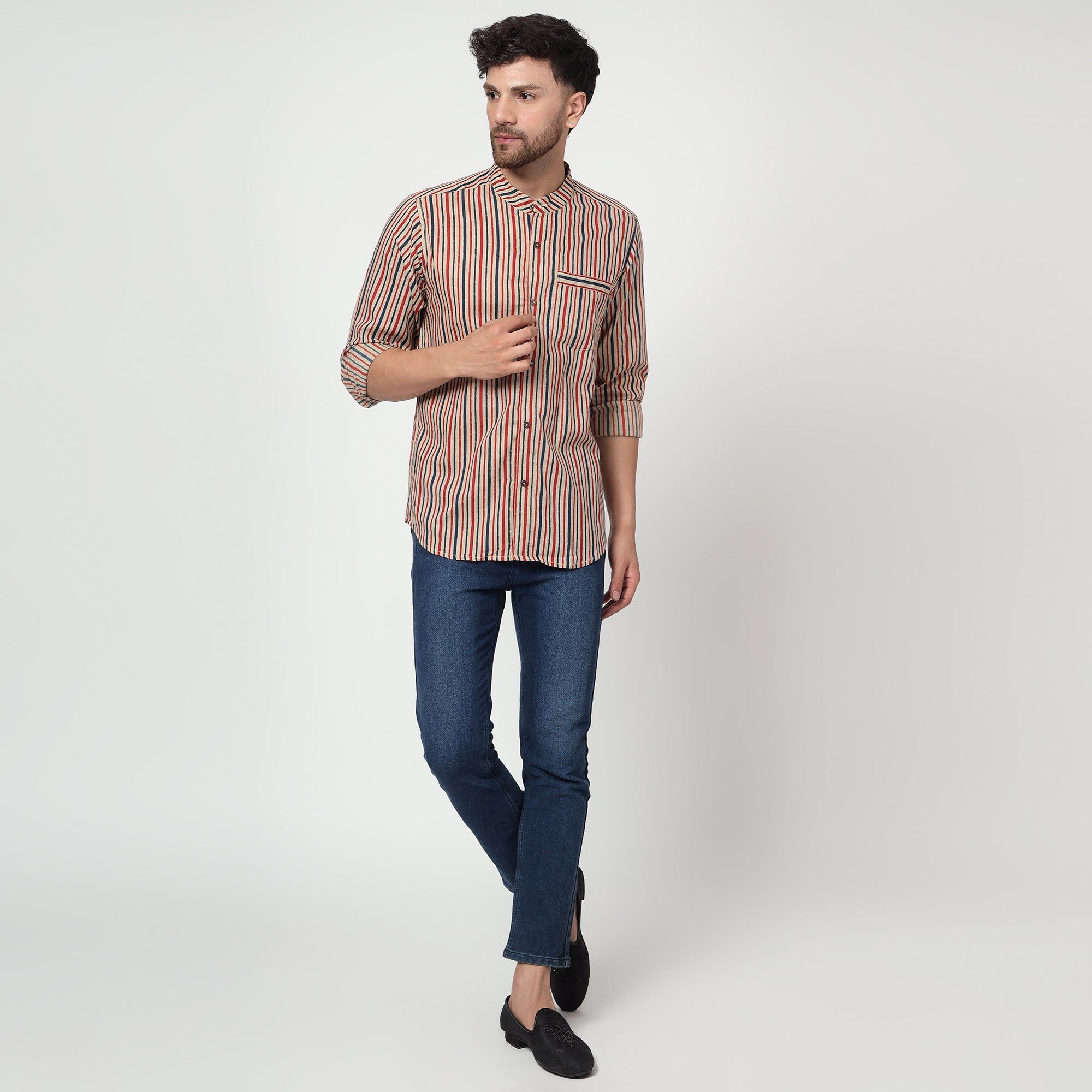 beige Cotton printed band collar full sleeves shirt-XS