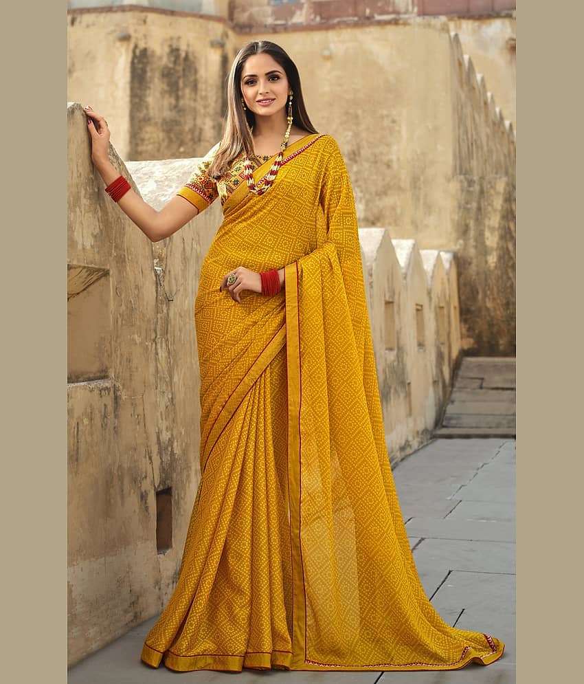 BLEESBURY Chiffon Printed Saree With Unstitched Blouse Piece ( Yellow )