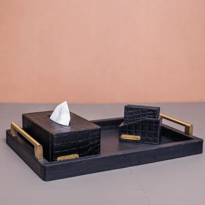 Eden Tray Set with Tissue Box & Coasters Black-Black