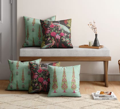 India Circus Peacock & Conifer - Blended Velvet Cushion Cover Set Of 5 - 12 X 12 Inch