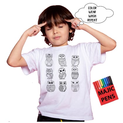 White Magic Owels Print Quick-Dri T-Shirt For Kids With Color Pens