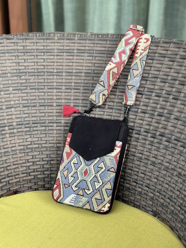 KRI India Distressed Geometric Maroon & Black Wallet Sling | Multicoloured  | 7.5x5.5 inches  | Wash & Care | 100% Cotton | Handcrafted in India. 100% organic & natural.