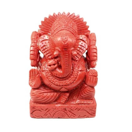 Red Coral Carved Lord Ganesha God Statue Idol Religious
