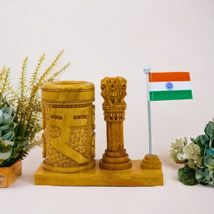 Wooden Ashok Stambh Pen Stand with National flag