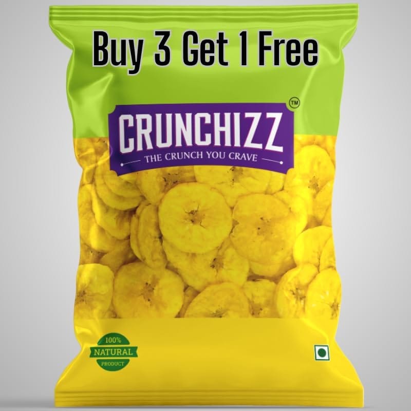 CRUNCHIZZ Snacks - Buy 3 Get 1 FREE Offers - Authentic Kerala Style Yellow Banana Chips I Traditional South Indian Recipe I No Artificial Additives or Preservatives I Perfect Munchy Bites I 140 Grams x 4 Packs I