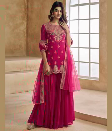 kedar fab Women Georgette Embroidered Straight Kurti With Sharara And Gharara ( Pink )
