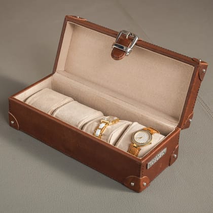 Watch Box of 4 Waxy Leather - Cognac-Cognac