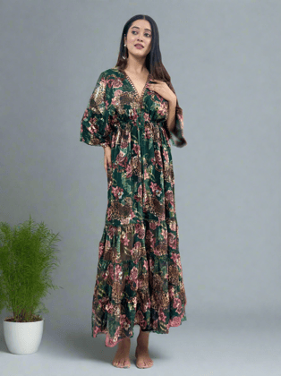 Green Tiger Printed Jacquard Fabric Maxi Dress-S
