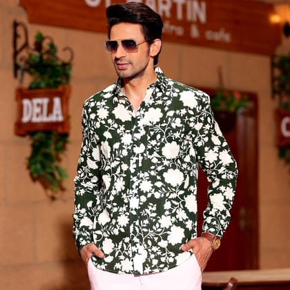 French Marigold Army Green Casual Pure Linen Full Shirt (Size - S) by BLUE EAGLE