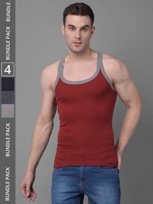 Men's Assorted Pack of 4 Solid Combed Cotton Racerback Styled Gym Vest Men's Assorted Pack of 4 Solid Combed Cotton Racerback Styled Gym Vest