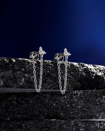 Tri flower chain dangler earring-Rhodium`Plated