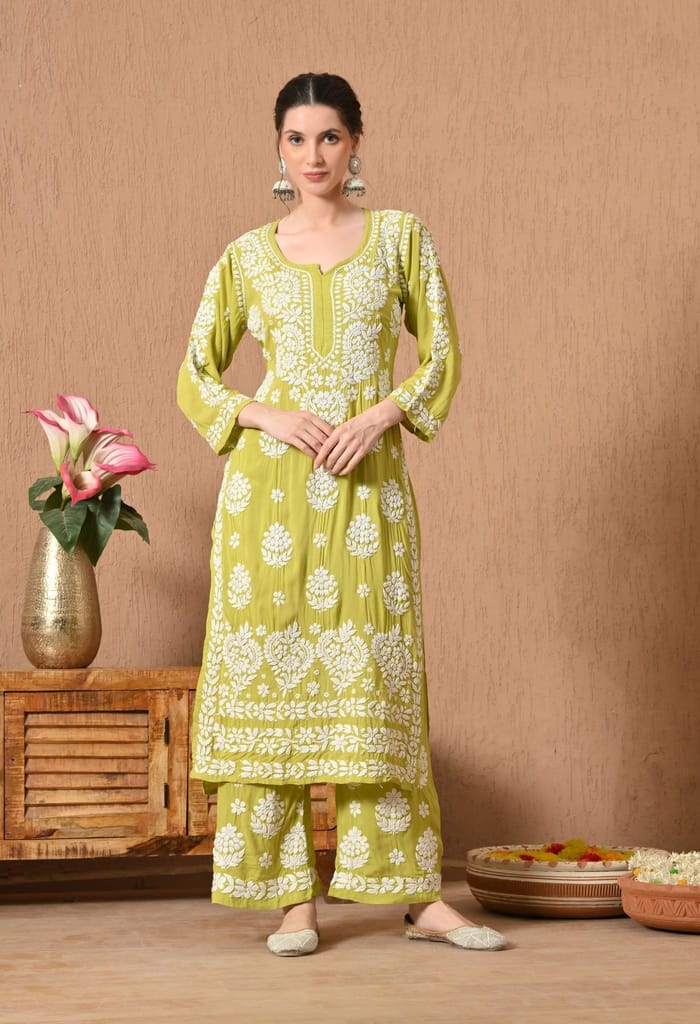 Hand Embroidered Chikankari Modal Plazo Set with 3D Floral Work-Sea Green