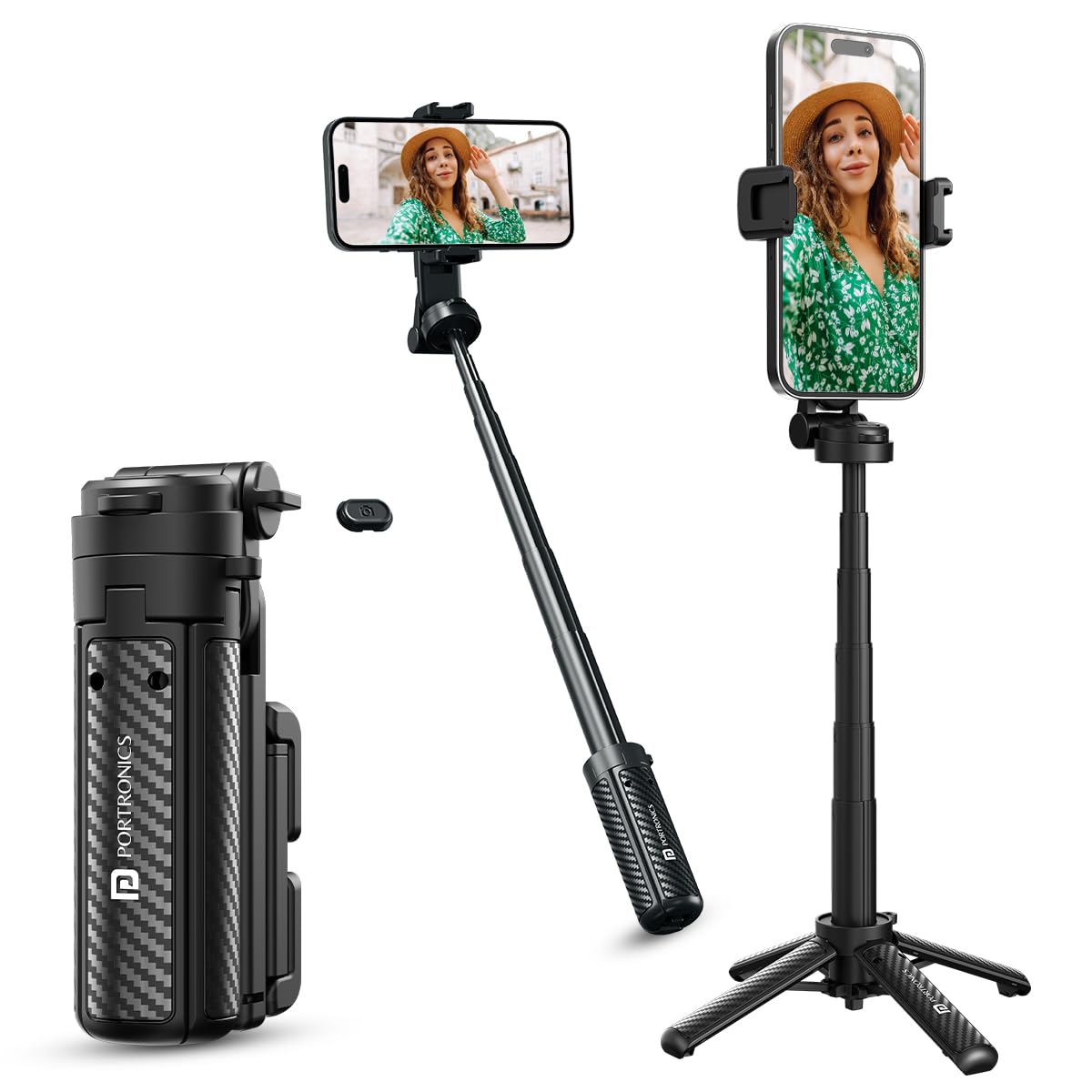 Portronics Lumistick Air 2-in-1 Smart Selfie Stick with Quadripod Stand, Detachable Bluetooth Remote,360 Rotation,Easy Angle Adjustment, Firm Grip, Foldable, Travel-Friendly for Vlogging and Recording