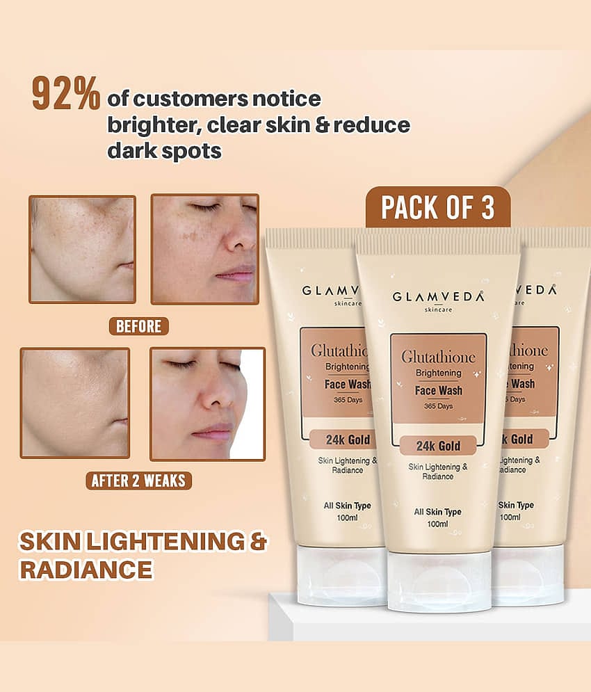 Glamveda Glutathione 24K Gold Face WashSkin Brightening Natural Radiance, 100ml each (Pack of 3)