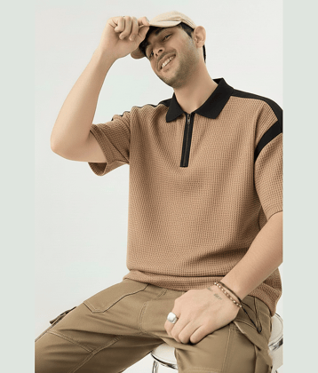 Try This Men Cotton Blend Regular Fit Colorblock Polo T Shirt ( Brown )