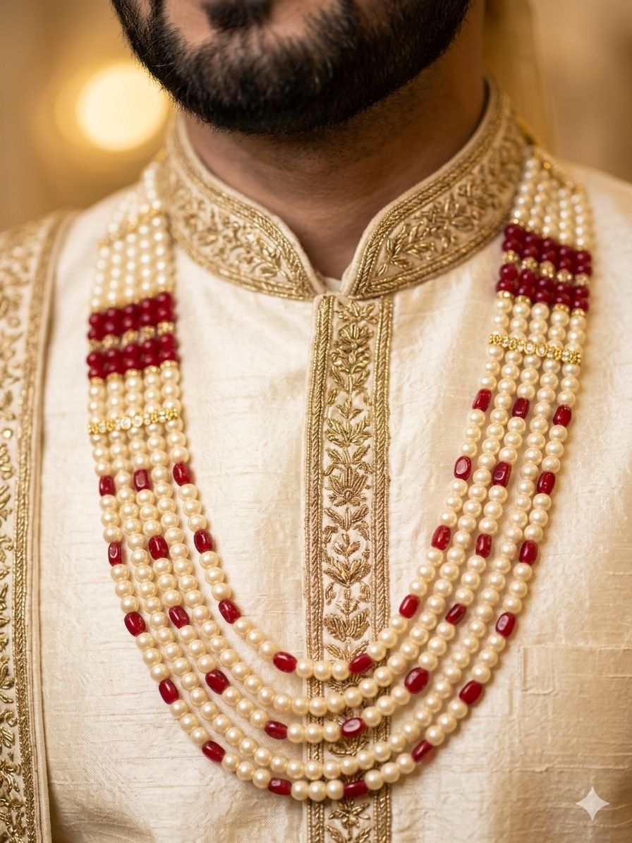 traditional layered groom wedding dulha elegant maroon and white pearl necklace