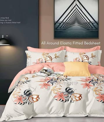 YKNIP Cotton Floral Printed Fitted 1 Bedsheet with 2 Pillow Covers ( King Size ) - Cream