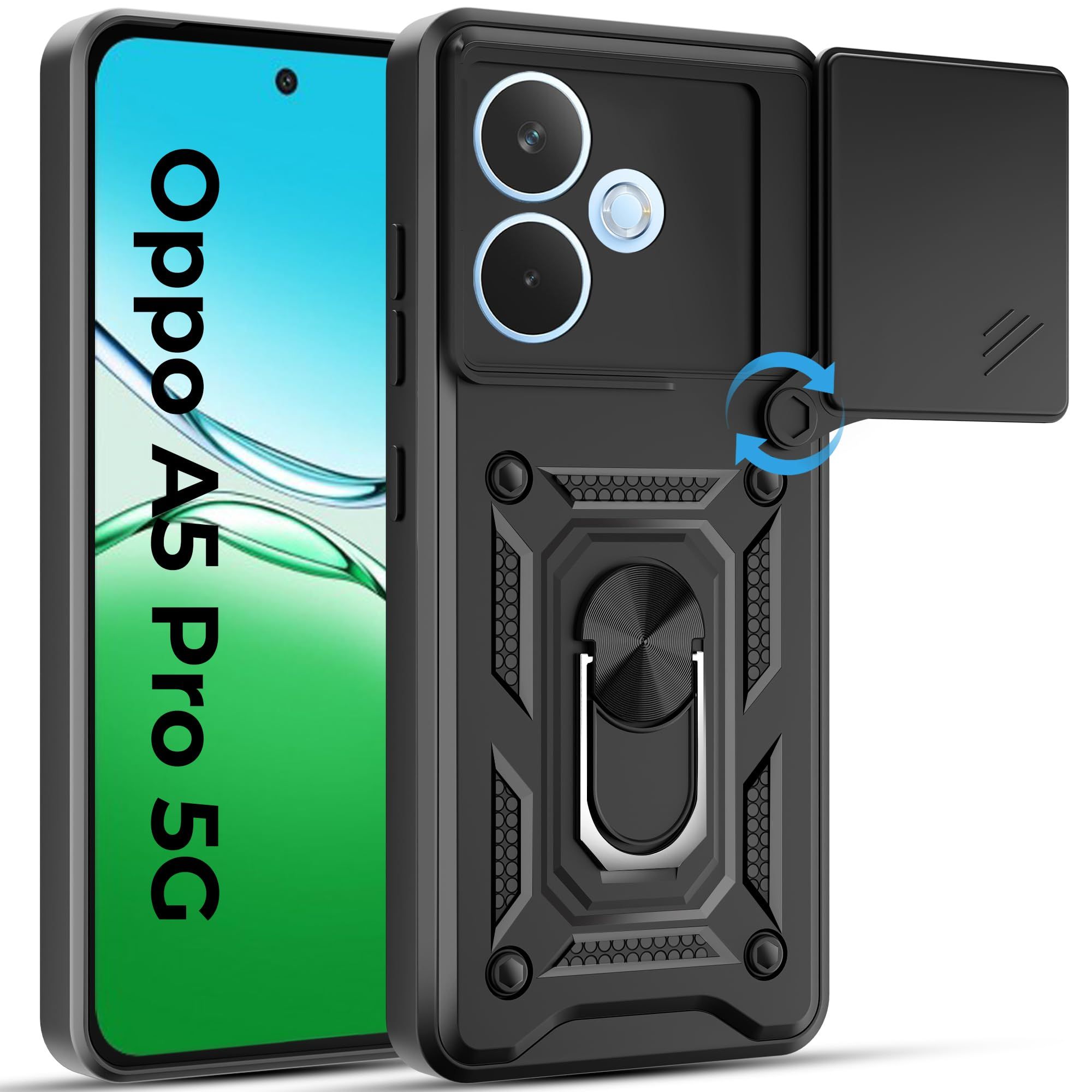 A rtistque Armor Bumper Back Case Cover for Oppo A5 Pro 5G | Stylish Ring Holder & Inbuilt Stand | Sliding Camera Cover | Shockproof TPU Protective Design | Oppo A5 Pro 5g Back Cover - Black A rtistque Armor Bumper Back Case Cover for Oppo A5 Pro 5G | St