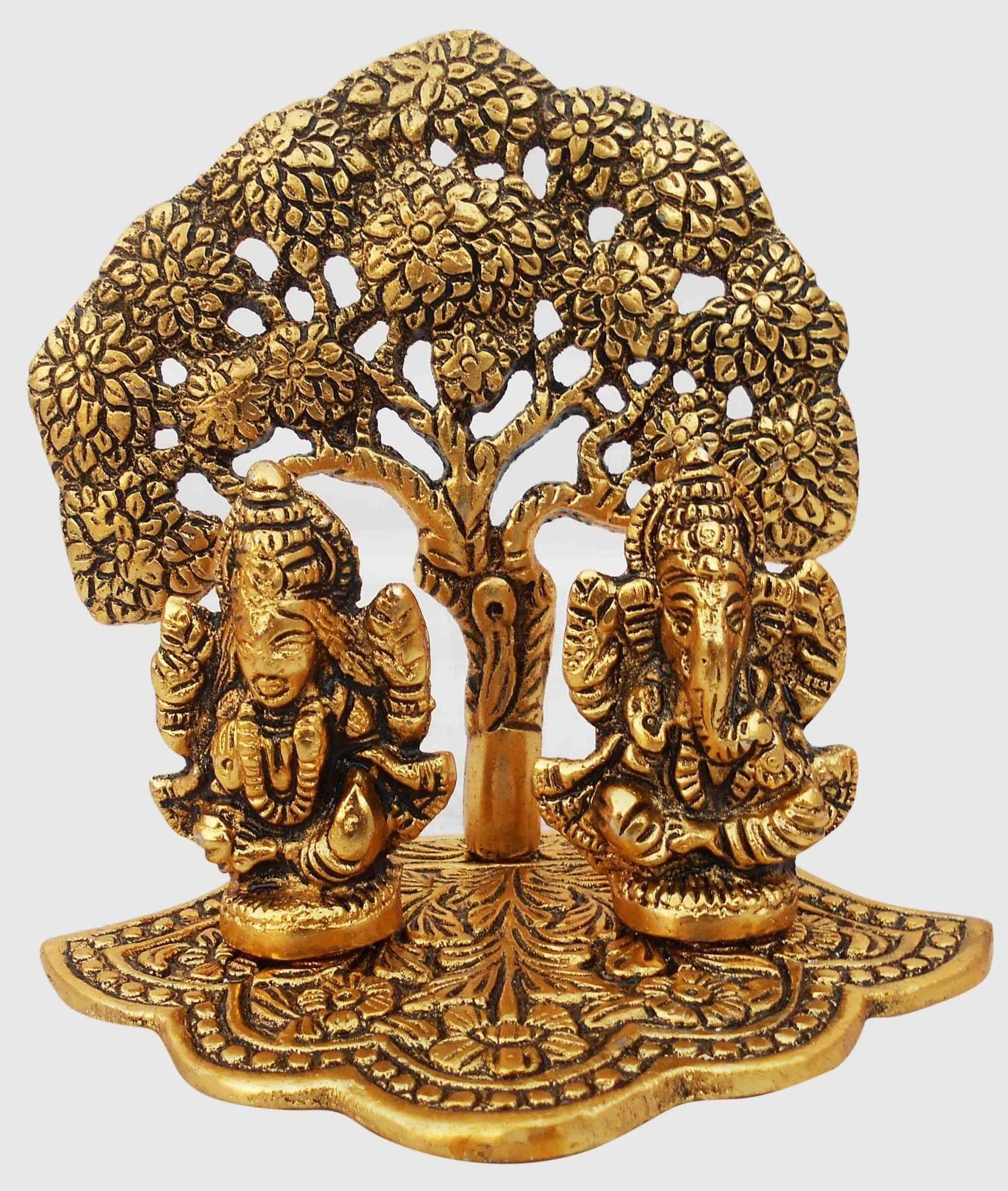 Showpiece Aluminium Laxmi Ganesh With Tree - 4.9*3.3*4.7 inch (AS345 G)