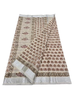 Women's Kota Doria Saree With Hand Block Print Design Floral Pattern