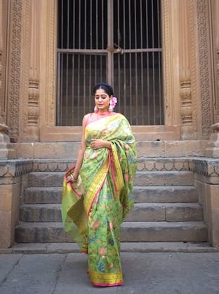 Light Green Pure Kota Doria Floral Pattern Saree