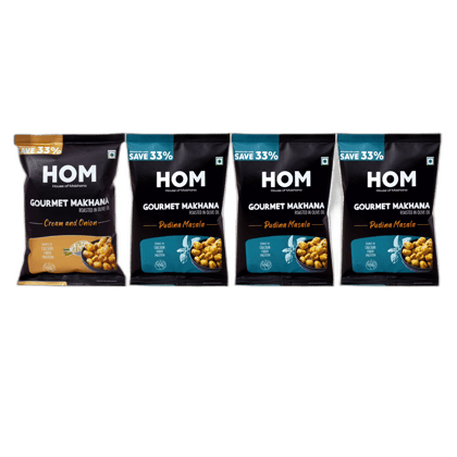 Gourmet Makhana (Pack of 4) with flavors of 3 Pudina Masala and 1 cream & Onion (14g x 4 ) - 56 gm