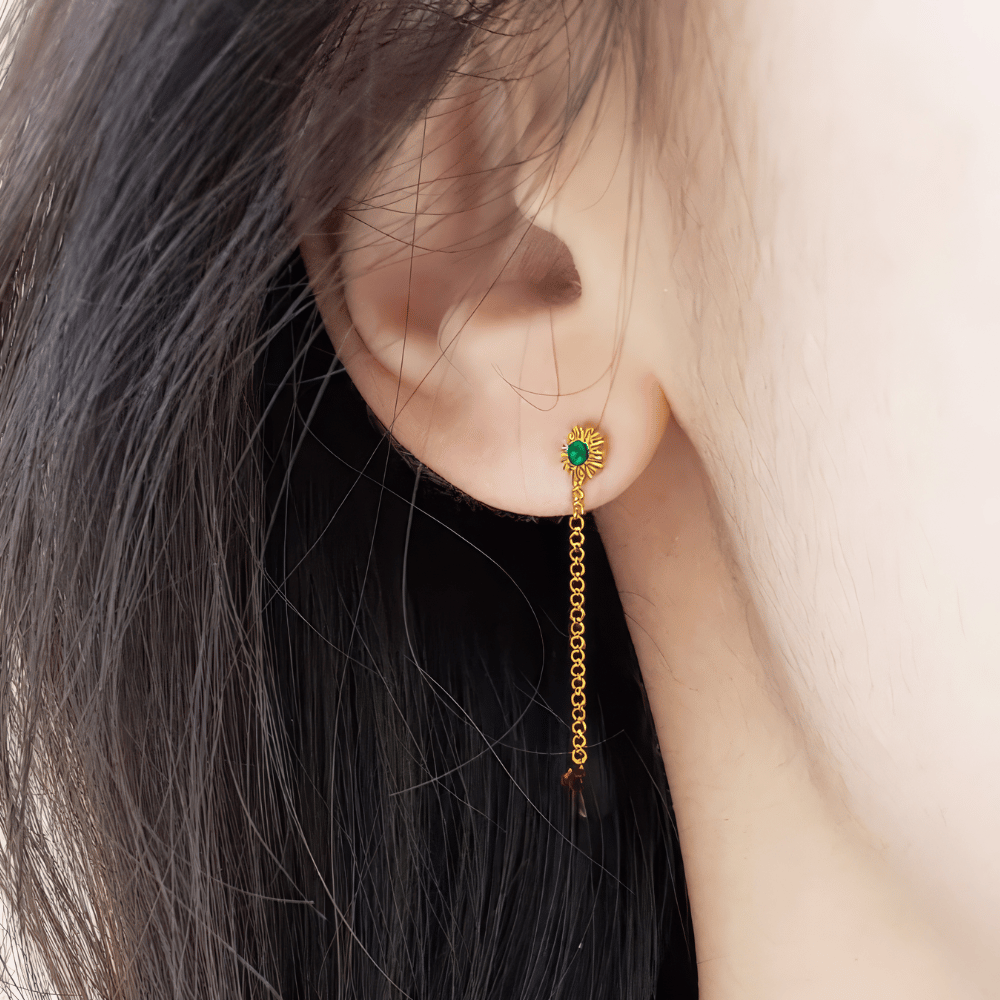 Emerald Gleam Minimal Drop Chain Earrings