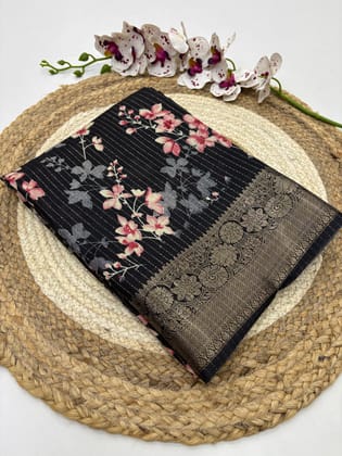 New Function Wear Black Color Dola Silk Print With Jacquard Weaving Border Work Fancy Designer Saree