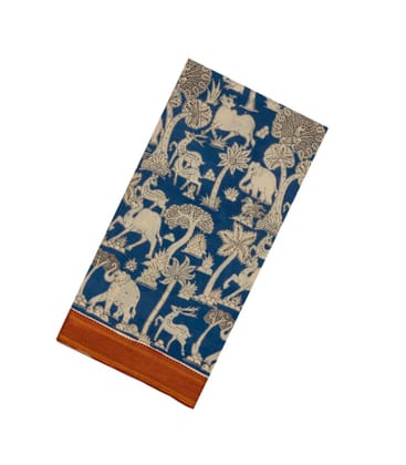 Blue Blended Silk Saree With Kalamkari Print-Blue