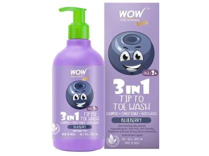 WOW 3-in-1 Tip To Toe Wash, Blueberry Kids Shampoo + Conditioner + Body Wash, No Sulphates & Parabens - 300ml