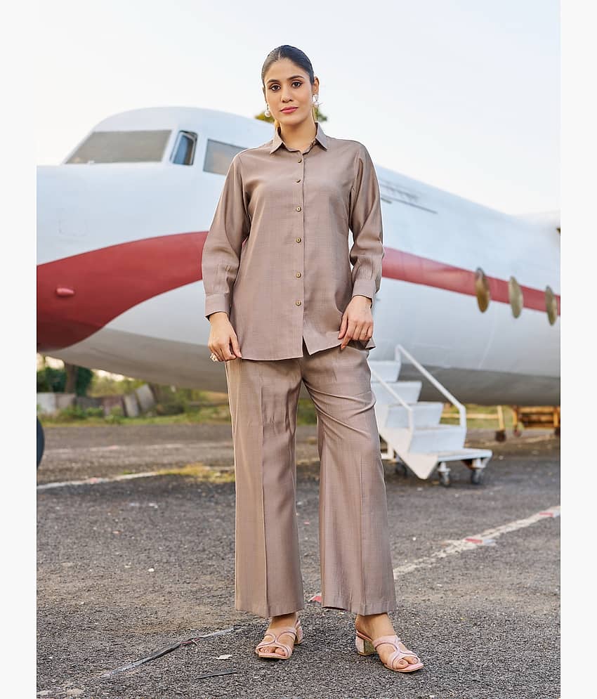 VIBE VISION Women Self Design Shirt With Trousers Co-Ord Set ( Beige )