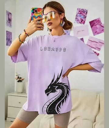 Leotude Women Cotton Blend Printed Oversized Fit Round Neck T-Shirt ( Purple )
