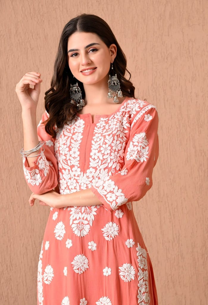 Hand Embroidered Chikankari Plazo Set 3d Work- Peach
