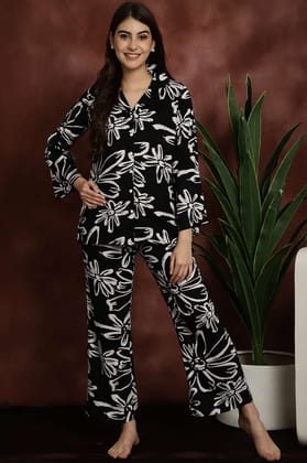 Black Floral Printed Viscose Rayon Shirt With Pyjamas Night Suit-s