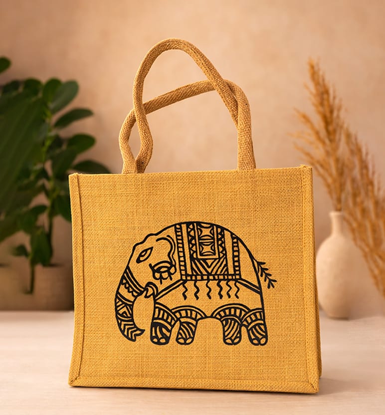 Handcrafted Elephant Motif Jute Tote Bag