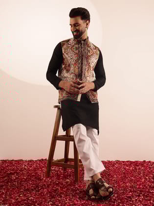 Men's Cotton Black Kurta & White Pyjama With Paisley Design Velvet Cream Nehru Jacket-36