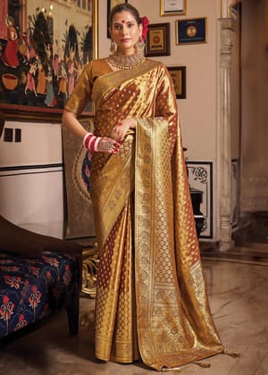 Copper Brown Woven Banarasi Brocade Tissue Silk Saree