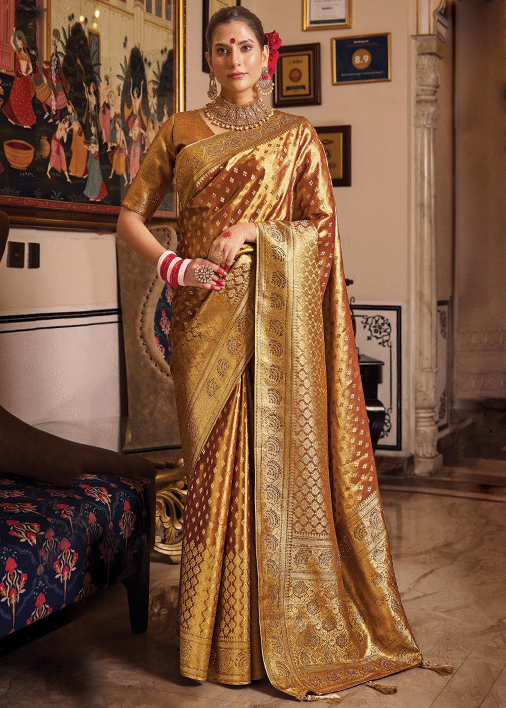 Copper Brown Woven Banarasi Brocade Tissue Silk Saree